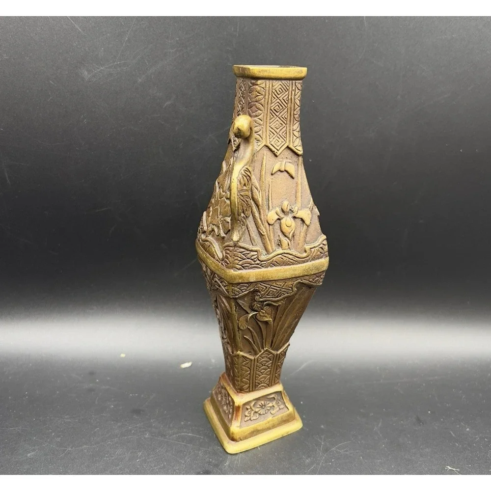 Vintage Chinese Brass Carving Vase Flowers Iris Morning Glory 6